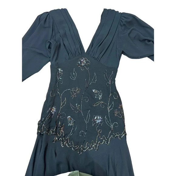 Vintage‎ Black Floral Beaded V-Neck Long Sleeve Evening Dress Size 12 - Picture 5 of 9